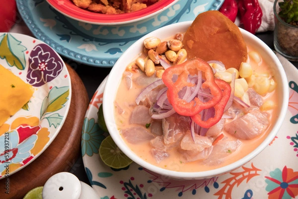 Fototapeta Ceviche cebiche de pescado Sea food ceviche Assorted food plates Peru traditional comfort food buffet table