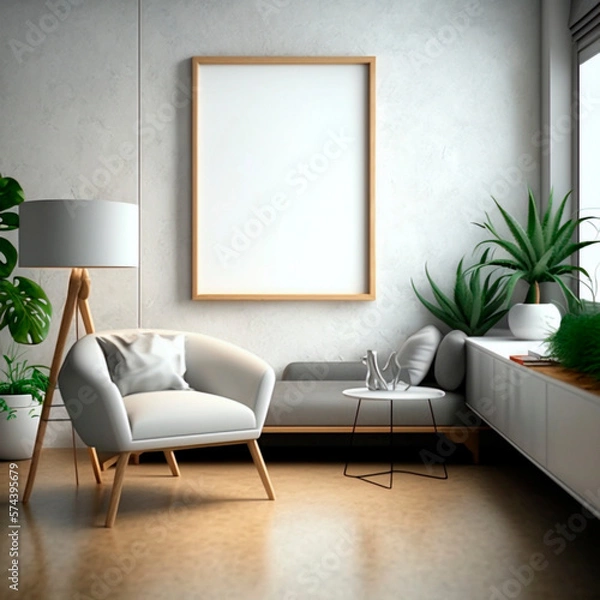 Fototapeta Mockup poster frame on the wall of the living room. Modern interior design of an apartment. Home interior with chimney. 3D rendering, 3D illustration