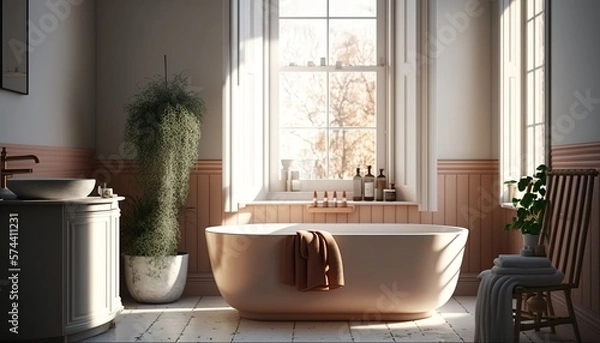 Fototapeta Scandinavian style bathroom interior with beige color bathtub, towel and big window Generative AI