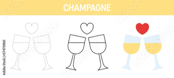 Fototapeta Champagne tracing and coloring worksheet for kids