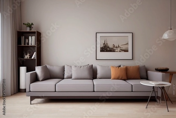 Fototapeta Stylish scandinavian living room with design mint sofa, furnitures, mock up poster map, plants and elegant personal accessories. Modern home decor. Bright and sunny room. Generative AI illustration.