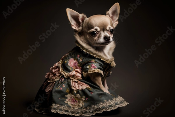 Fototapeta Chihuahua wearing a pretty historic dress against dark background. Generative AI