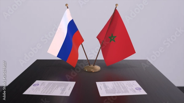 Fototapeta Morocco and Russia national flag, business meeting or diplomacy deal. Politics agreement 3D illustration