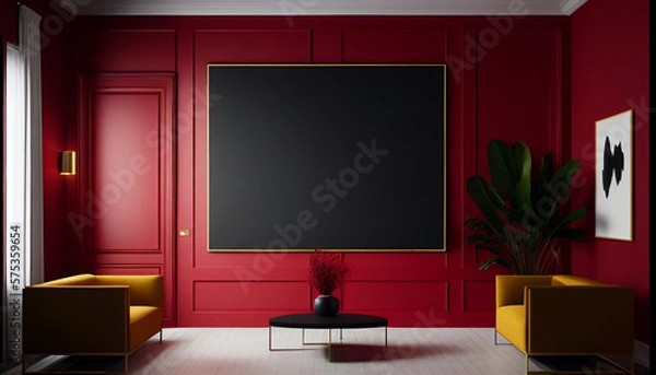 Obraz style minimalism interior modern classic room with armchairs and table yellow and red .Generative AI