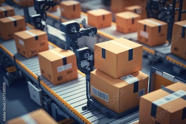 Fototapeta Modern logistics warehouse robots are sorting packages. AI technology generated image