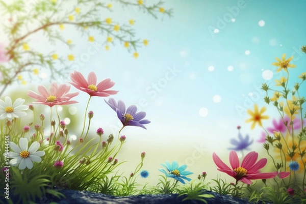 Fototapeta Spring sunny meadow with flowers. Illustration Generative AI