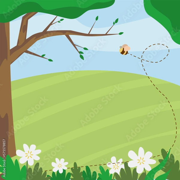 Fototapeta Beautiful illustration of spring nature. Bee flying near trees and flowers in meadow