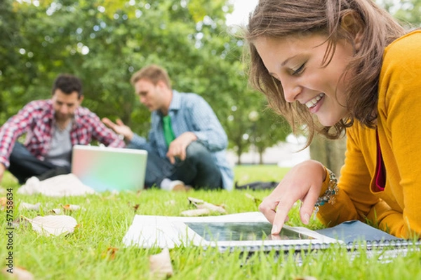 Fototapeta Student using tablet PC while males using laptop in park