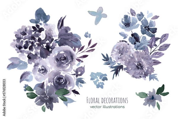 Fototapeta Purple floral watercolor decoration, vector illustration