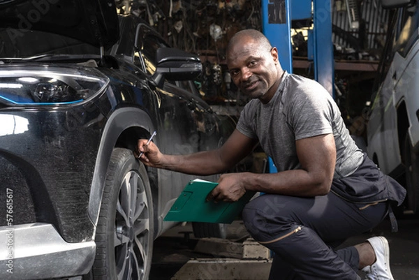 Fototapeta Smiling Black car mechanic checking vehicle tires in auto repair shop, car Mechanic Concept