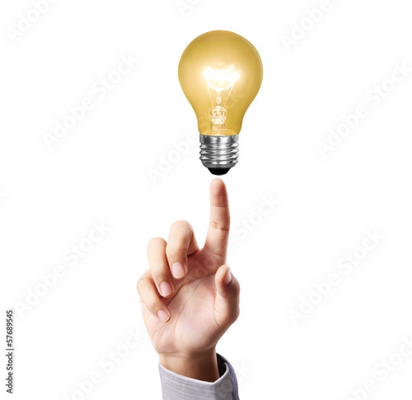 Fototapeta Ideas bulb light on  hand