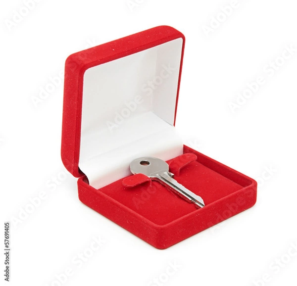 Obraz key in red gift box isolated on white