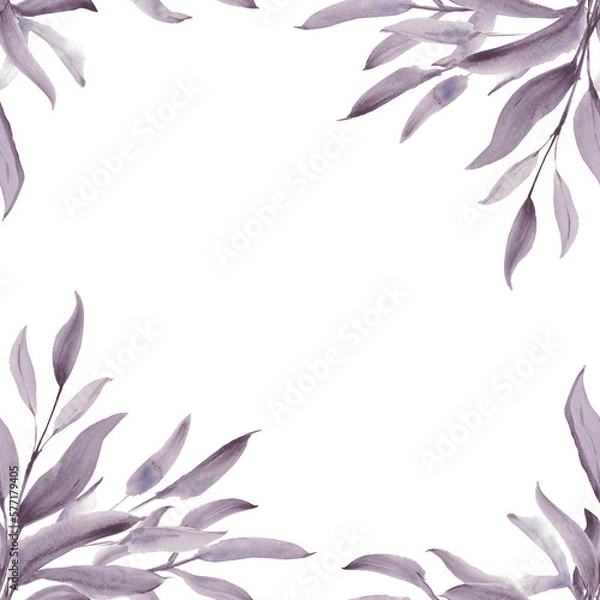 Fototapeta Frame. Watercolor purple leaves. A set elements on a white background. Tree leaf and branch.