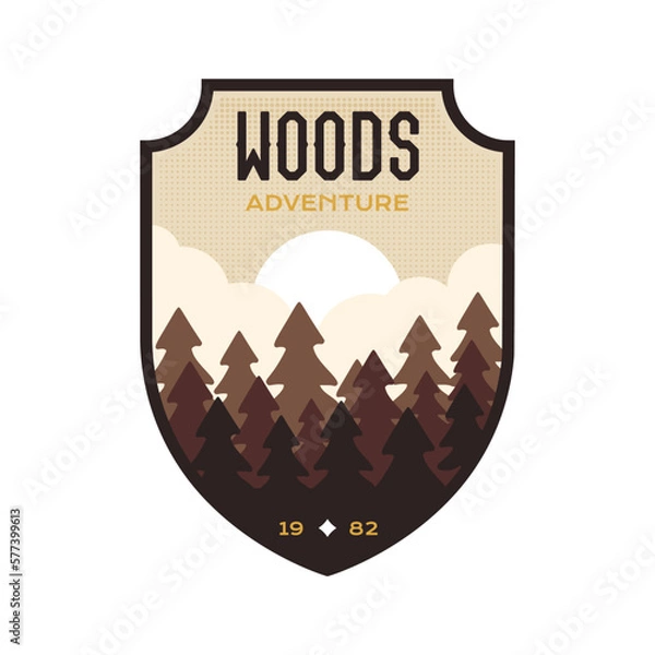 Fototapeta Woods logo vector design with trees nature landscape. Camping badge graphics in retro style. Travel colorful emblem. Stock vector adventure label isolated