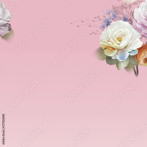 Fototapeta Watercolor flowers, roses, peonies, flowers and birds