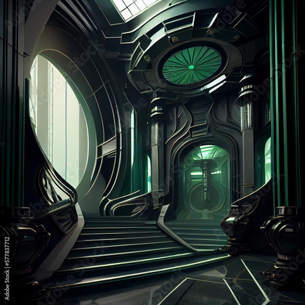 Fototapeta Large green, blacl marble bright interior, art deco, futuristic interior, dwarven architecture, scifi interior, epic, space station interior.