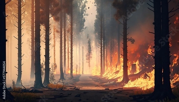 Fototapeta Forest Fire Rages Along Chemin Trail, generative ai