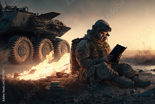 Fototapeta A soldier reading a book on the mud with a tank behind them. Generative AI