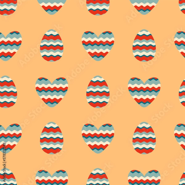 Fototapeta Retro style wavy Easter eggs and hearts seamless pattern. Perfect print for tee, paper, fabric, textile. Vintage vector illustration for decor and design.