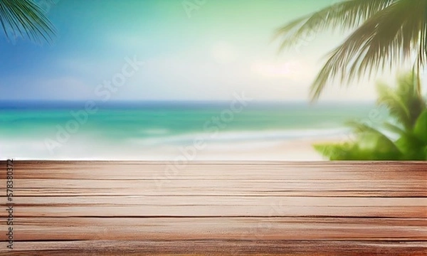 Fototapeta Wooden table with a seascape, blurred light bokeh of the sea and sky on the background of a tropical beach, generative AI