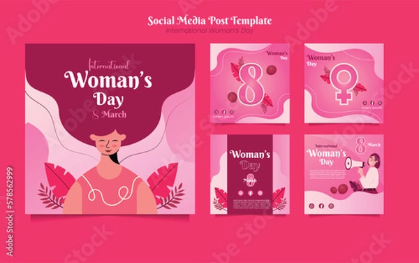 Fototapeta international women's day concept march 8 icon set, Modern celebration vector illustration for Happy Women's Day on a pink background.