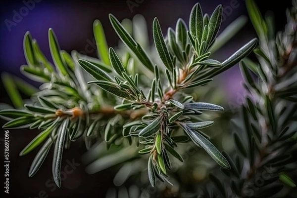 Fototapeta Outdoors, you can find fragrant Rosemary Herb. Photo of rosemary leaves up close. Natural, newly sprouting herbs and spices. Herbs and spices, seasoning, cookery, and the health benefits of seasonings