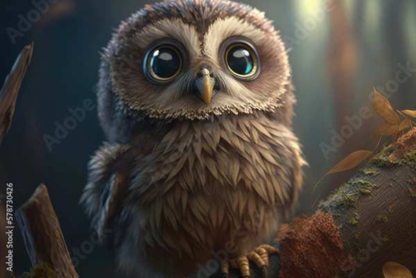 Fototapeta Adorable baby owl perched on a tree branch with big round eyes staring straight at the camera, generative ai