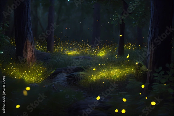 Fototapeta Fireflies in the forest at night.