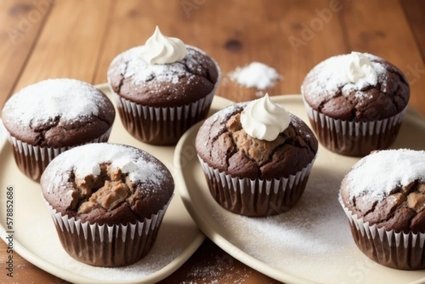 Fototapeta Delicious chocolate muffins with sugar powder, on dark background, generative ai, selective focus