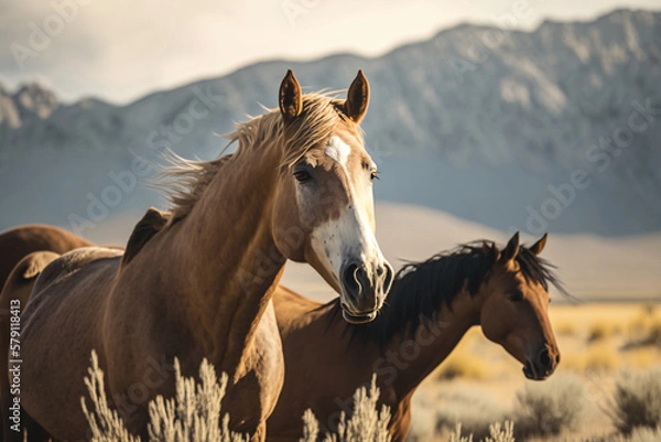 Fototapeta Wild horses in a vast prairie land. Generative ai.