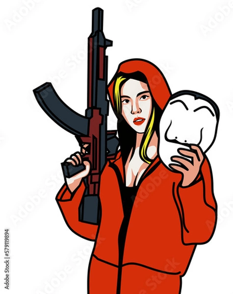 Fototapeta Sexy girl with jacket gun and mask pop art illustration