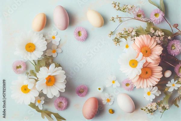 Fototapeta Easter background with copy space. Eggs, flowers, pastel colors illustration top view generative AI, generative, ai