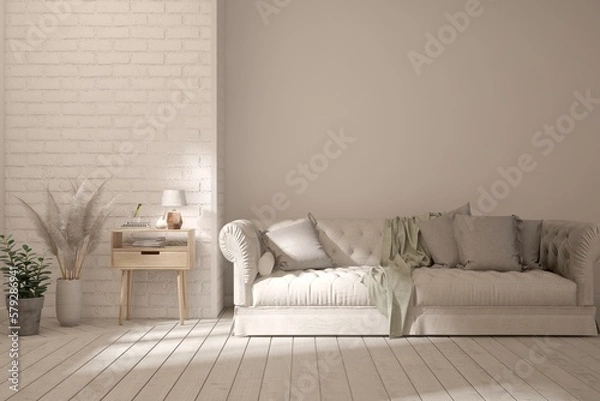 Fototapeta White modern interior design with sofa. Scandinavian interior design. 3D illustration