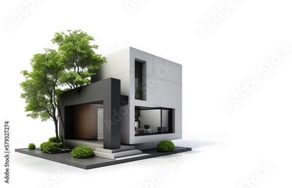 Fototapeta a small modern office, or house, simple, minimalistic square design, reinforced concrete structure. Isolated on white background. Generative AI.