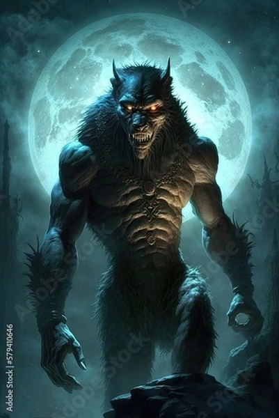 Fototapeta Werewolf and the full moon. Generative AI illustration