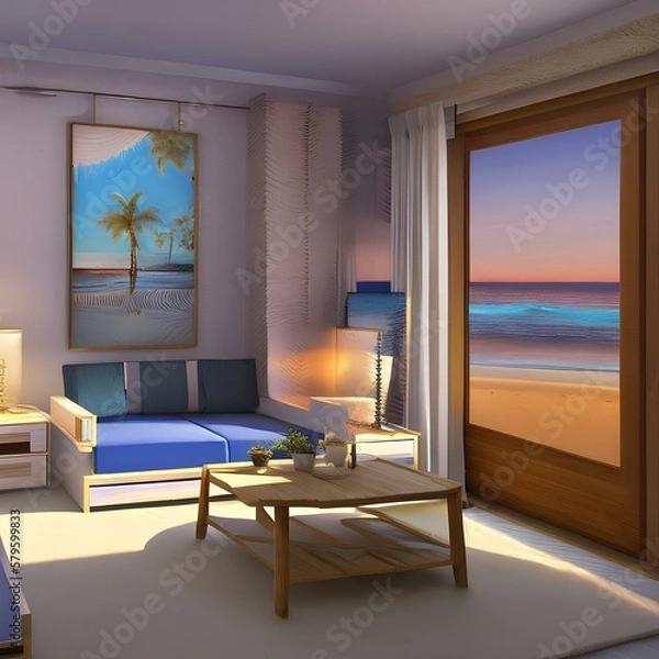 Fototapeta A beach-themed room with light colors and a relaxinh atmosphere 3_SwinIRGenerative AI