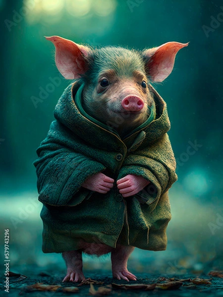 Fototapeta Tiny adorable piglet dressed in a warm overcoat standing outdoors on cold weather. AI-generated.