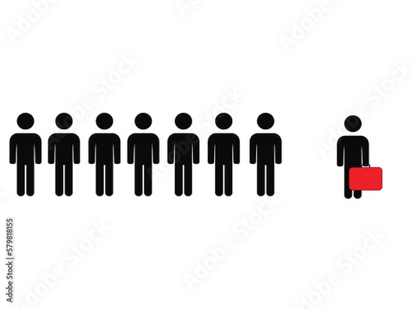 Fototapeta Silhouette of one person with red luggage and silhouettes of seven persons without