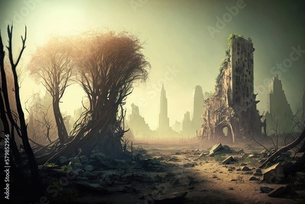 Fototapeta Forest in front of and destroyed ruins city after the apocalypse in background. Generative AI