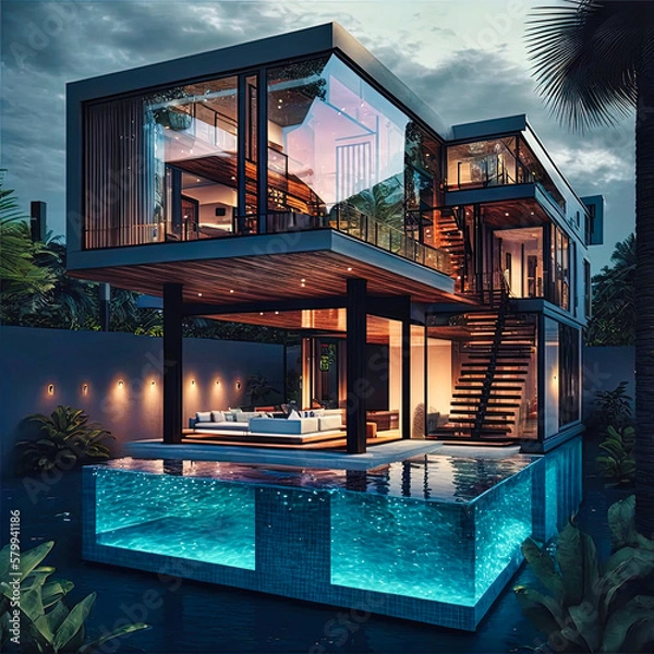 Fototapeta Amazing modern house, villa. Architectural exterior design. Inspiration, concept for designers and architects. Generative AI