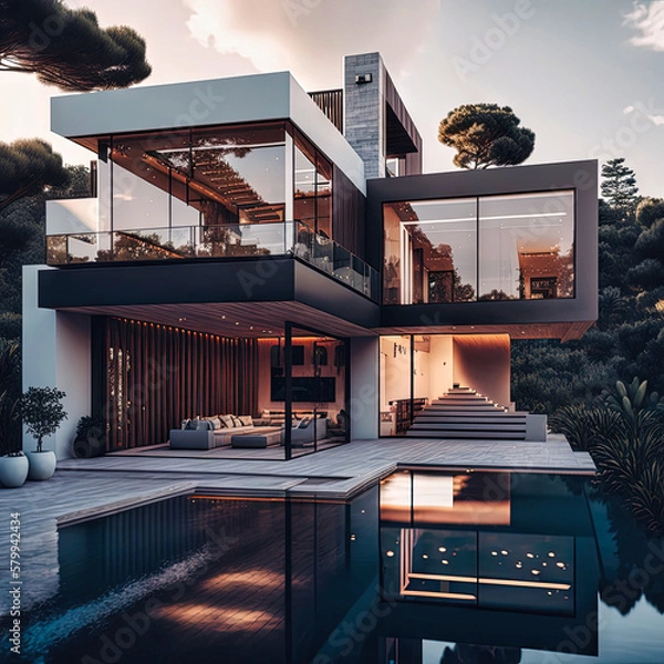 Fototapeta Amazing modern house, villa. Architectural exterior design. Inspiration, concept for designers and architects. Generative AI