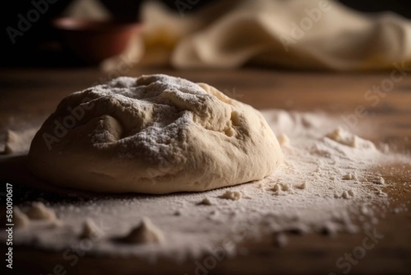 Fototapeta Yeast-free dough sitting on a wooden table. AI generated