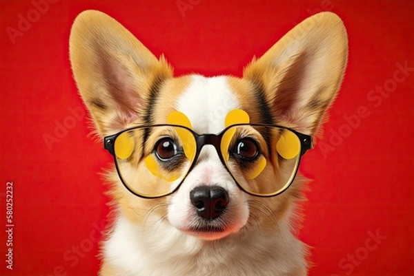 Fototapeta Portrait of a funny corgi dog puppy with big ears on a yellow background with red hearts on its glasses. Generative AI