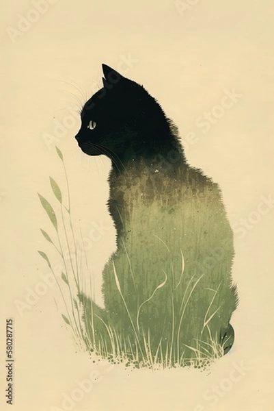 Fototapeta cute cat minimalist background illustration with grass, generative ai