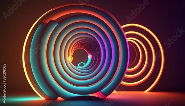 Fototapeta 3d render, abstract geometric neon background, glowing spiral line, simple helix. Minimalist wallpaper