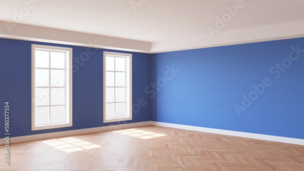 Fototapeta Interior with Blue Walls, Two Windows, White Ceiling and Cornice, Glossy Herringbone Parquet Flooring and a White Plinth. Beautiful Interior Concept. 3D illustration, 8K Ultra HD, 7680x4320, 300 dpi