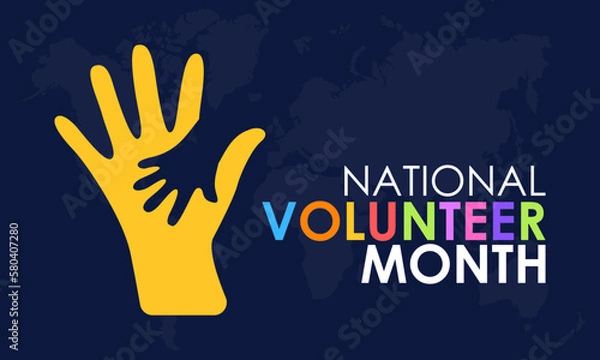 Fototapeta National Volunteer month. volunteers communities awareness concept banner design with focused in colorful letter and supporting hand in blue background. observed on April