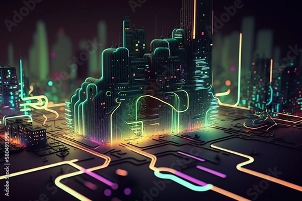 Fototapeta Abstract cityscape circuit with futuristic design.
Created with generative AI technology and Photoshop.