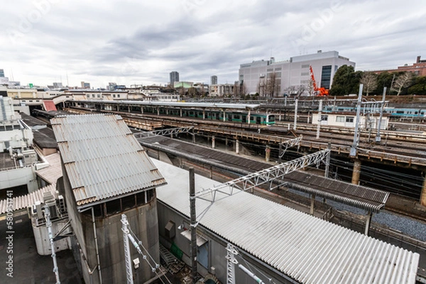 Fototapeta Tokyo railways from a bridge.