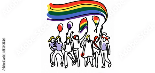 Fototapeta Pride parade. A group of people participating in a Pride parade. LGBT community. LGBTQ. Doodle vector illustration